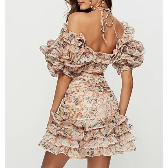 Donnee Par Dieu Women Small Tiered Floral Print Ruffle Off Shoulder Mini Dress - Picture 2 of 6